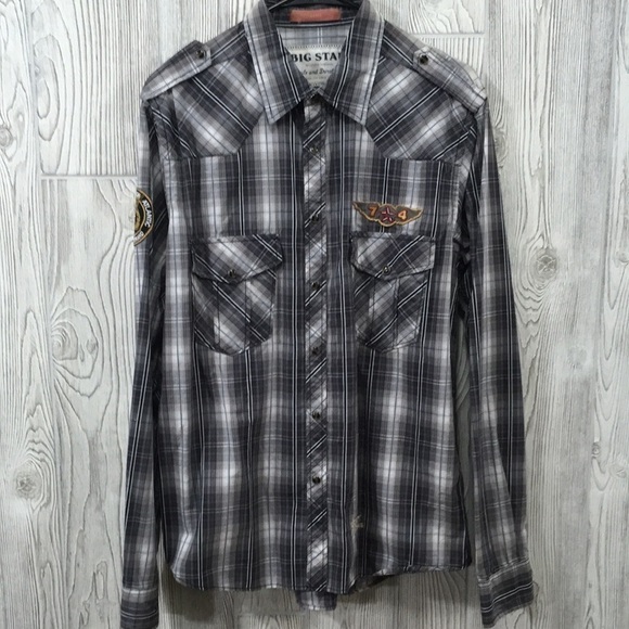 Big Star Western Gray Plaid Pearl Snap Button Down Shirt - Picture 1 of 9